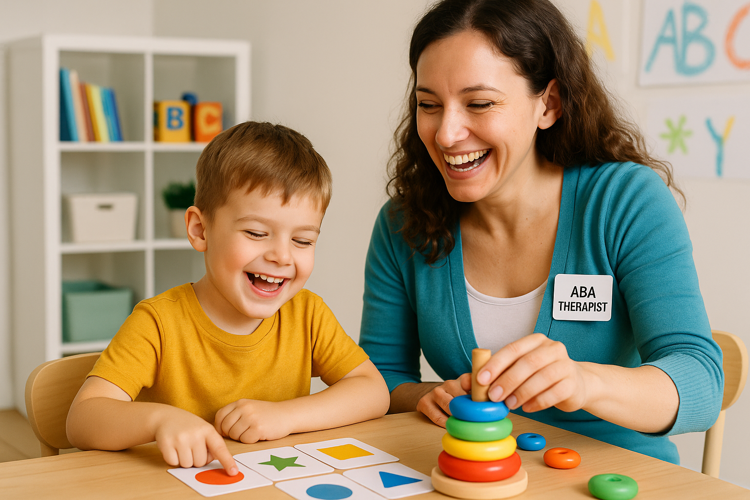 ABA therapist working with a child on communication skills