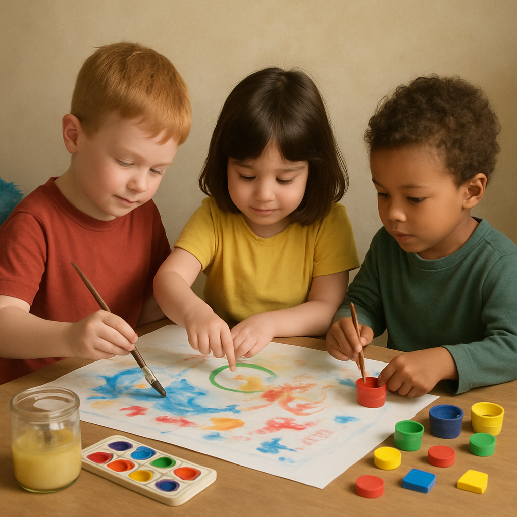 Young children engaged in a painting activity during early intervention therapy