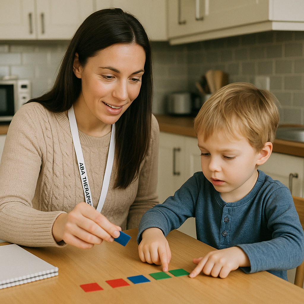 ABA therapist working with a child at home